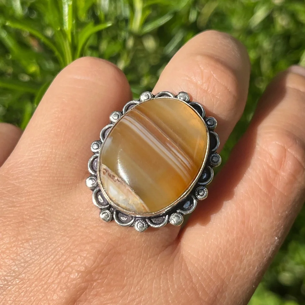 Size 7.5‎ 925 silver plated yellow banded agate ring
